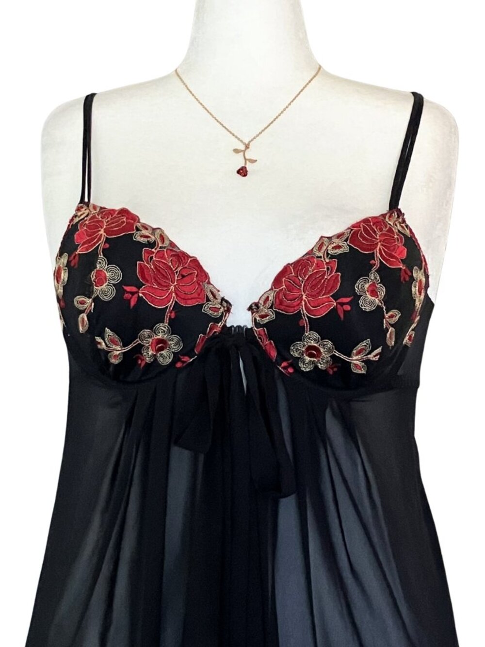 Vintage 90s Sheer Black Lingerie Long Slip Dress Embroidered. M/L. Whimsigoth - Picture 6 of 11